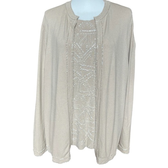 Bloomingdale’s TwinSet Women’s 2X Taupe Silk Sequins Dressy Shell Cardigan Set - Picture 1 of 12